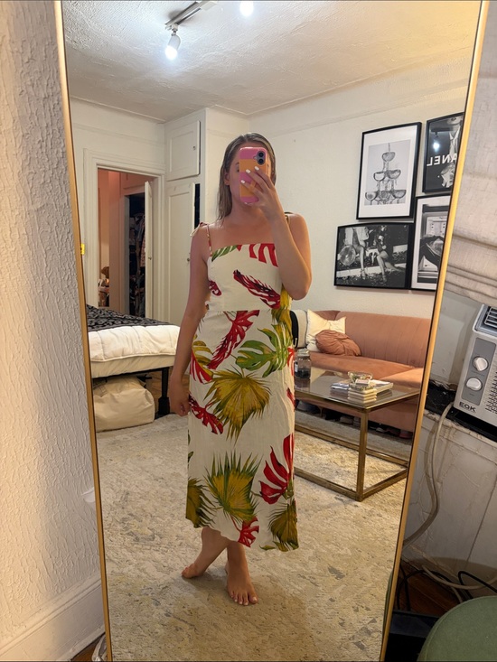 Caroline Constas Dresses & Skirts - Tropical Print White Midi Dress with Red & Green Leaves
